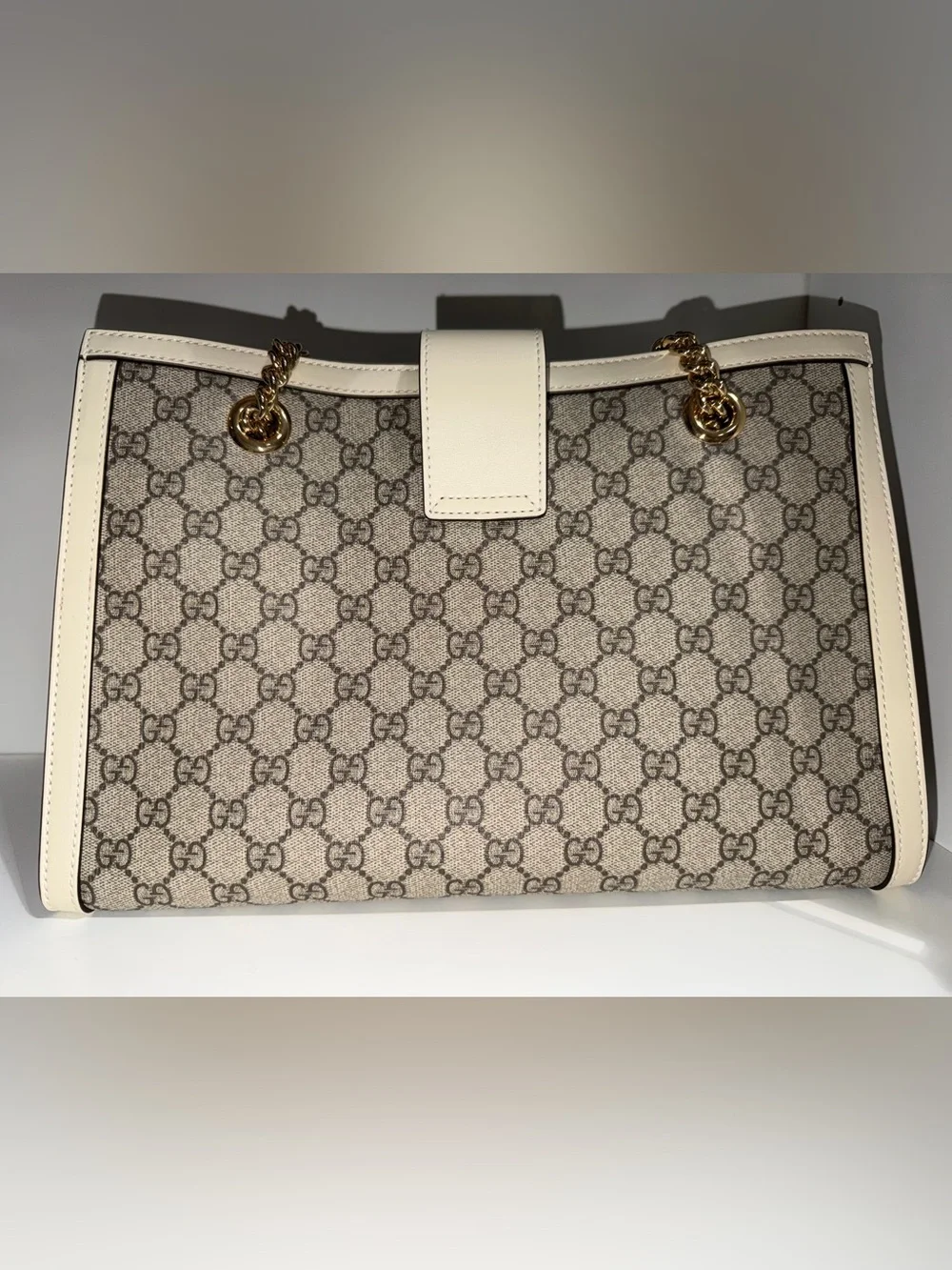 Gucci Beige GG Supreme Tote with White Trim and Gold Hardware